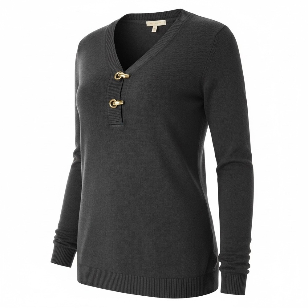 Charter‎ Club Black Sweater w/Goldtone Bar Hoop Hooks V-Neck Small